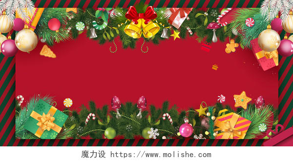 红色背景绿色线条圣诞节铃铛彩色球松树叶礼物展板背景图